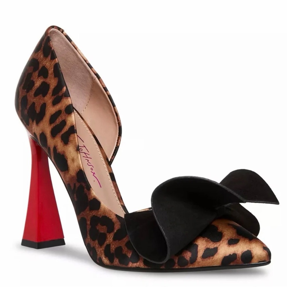 Betsey Johnson Leopard Print High Heel Pumps with Black Bow